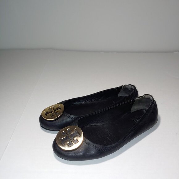Tory Burch Minnie Travel Ballet Flat Shoes Black Gold Metal Logo Size 6.5 - Picture 1 of 12